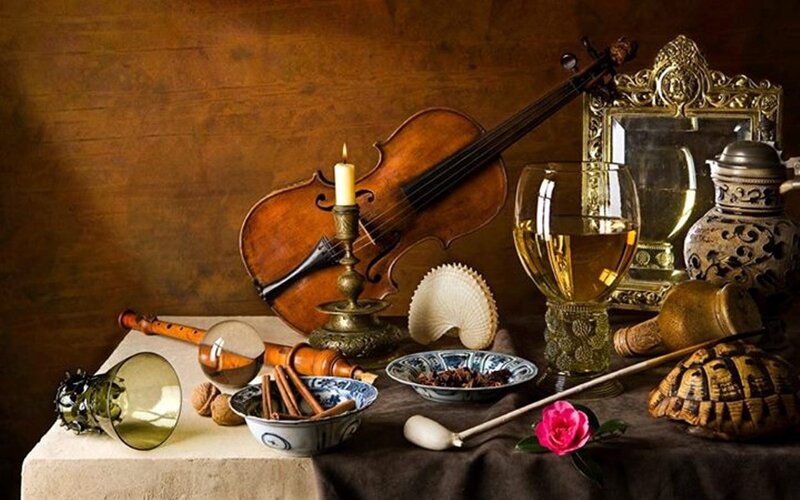 Still Life with Violin — Brown, Dramatic, Photograph