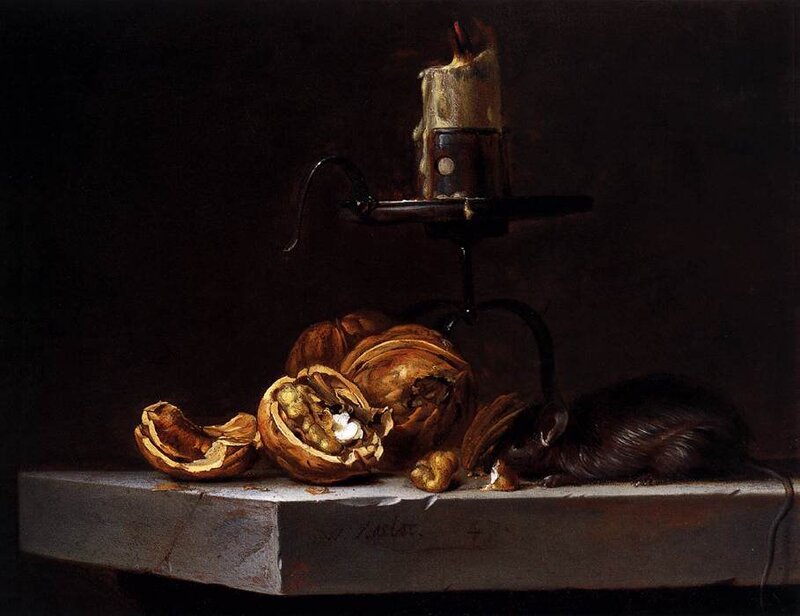 Still life with walnuts and a rat