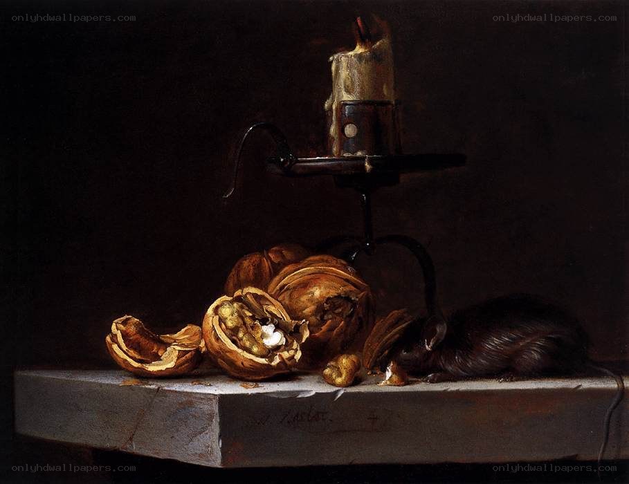 Still life with walnuts and a rat