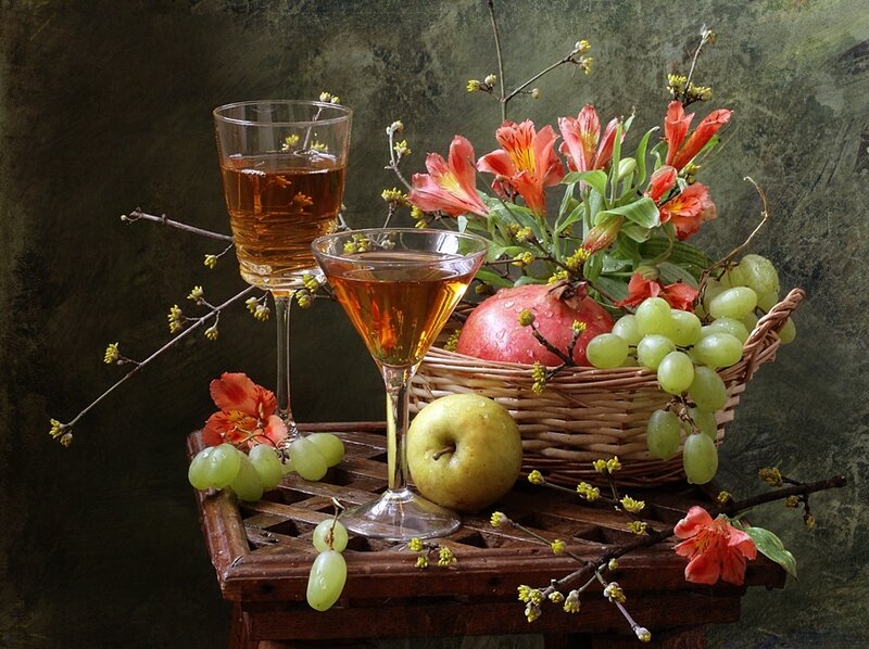 Still life with wine and fruit