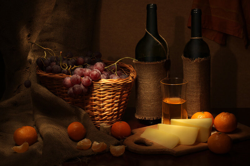 Still life with wine and fruit