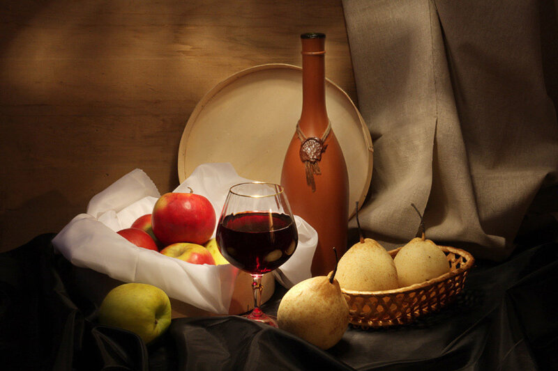 Still life with wine and fruit