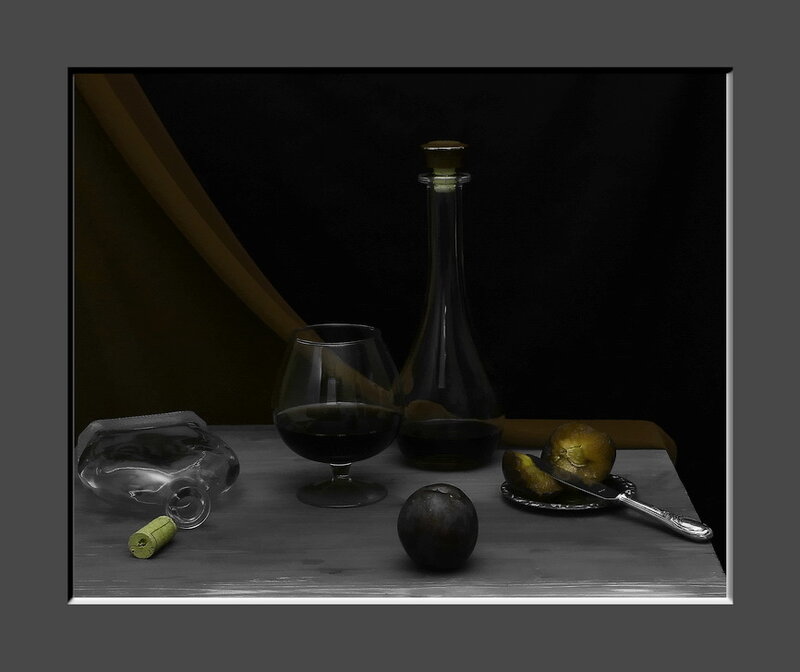 Still Life with Wine and Fruit — Black, Dramatic