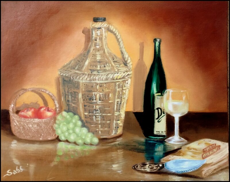 Still Life with Wine and Fruit — Brown, Calm