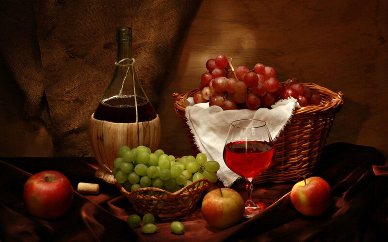 Still Life with Wine and Fruit — Brown, Dramatic, Photograph, Grapes, Apples
