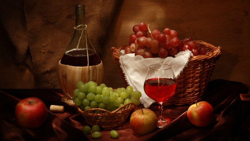 Still Life with Wine and Fruit — Brown, Dramatic, Photograph, Grapes, Apples, Wine Bottle