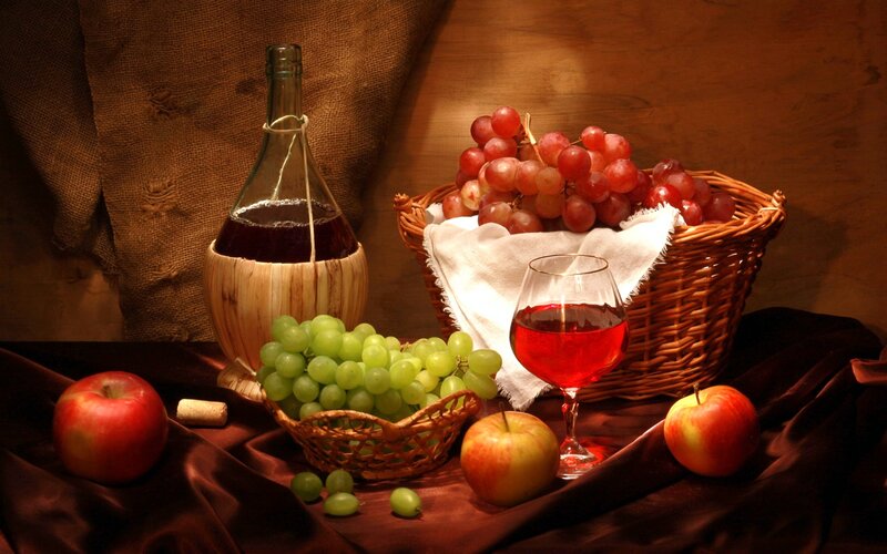 Still Life with Wine and Fruit — Brown, Dramatic, Photograph, Grapes, Apples, Wine Glass