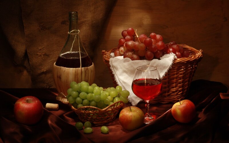 Still Life with Wine and Fruit — Brown, Dramatic, Photograph, Grapes