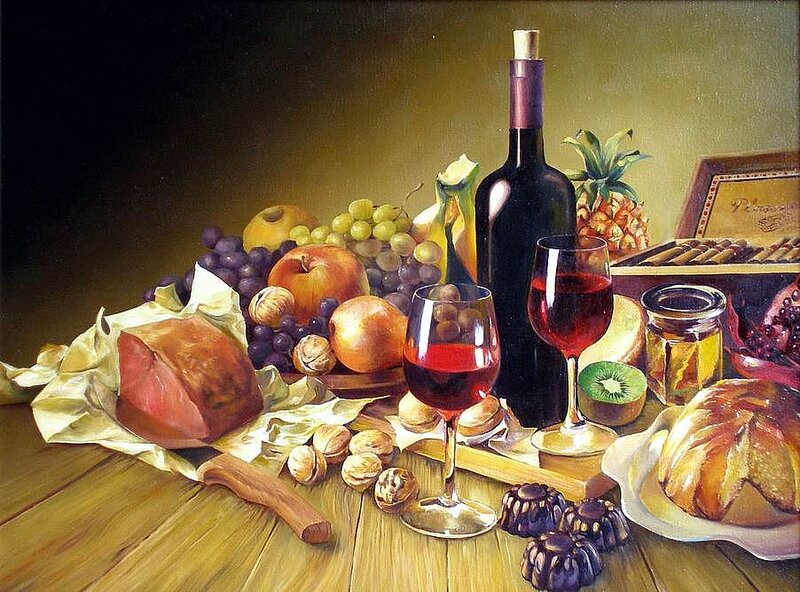 Still Life with Wine and Fruit — Brown, Dramatic