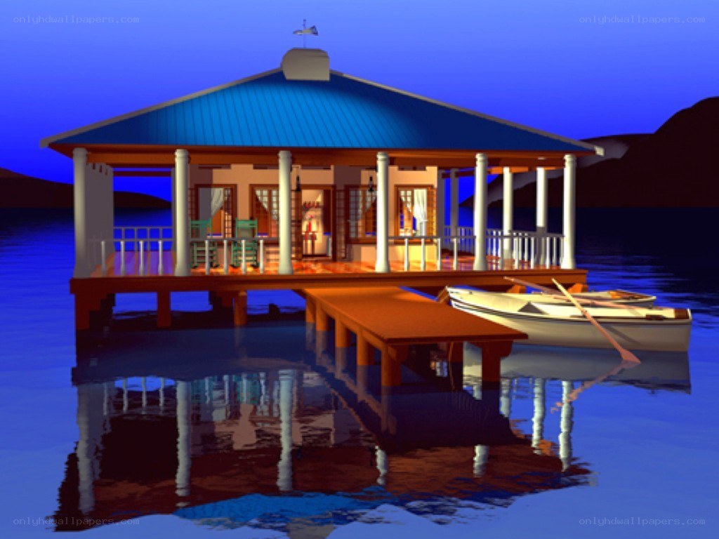 Stilt house on water at dusk
