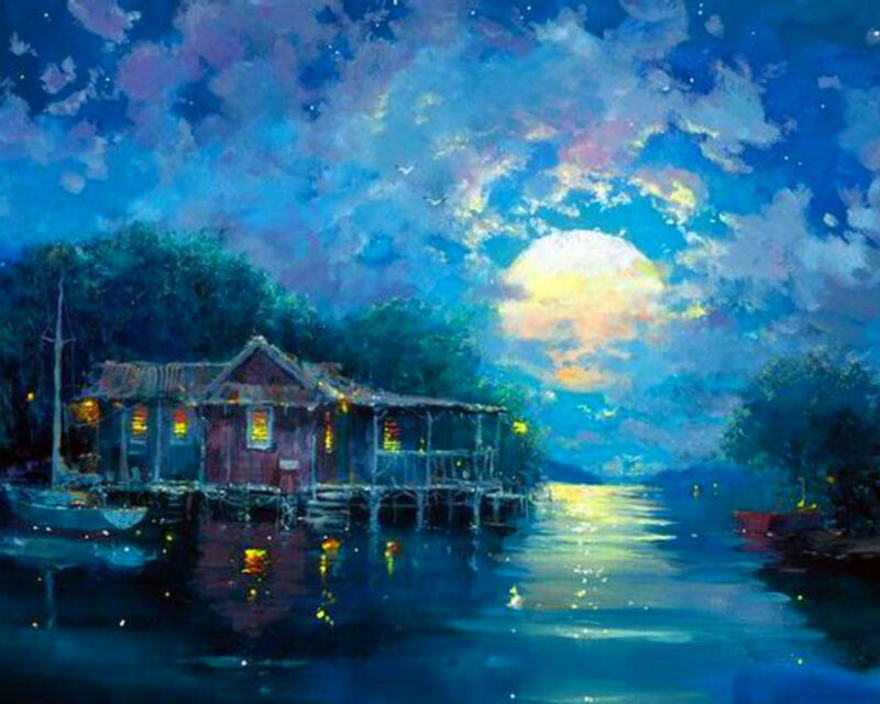 Stilt House on Water — Blue, Serene, Night
