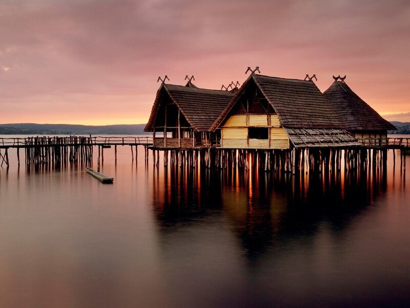 Stilt houses at sunset