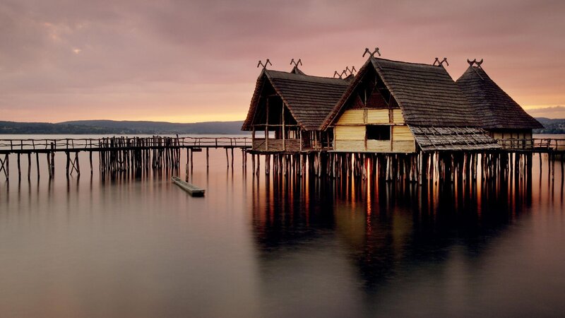 Stilt houses at sunset
