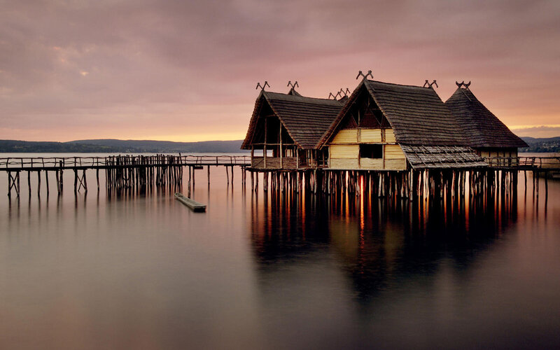 Stilt houses at sunset