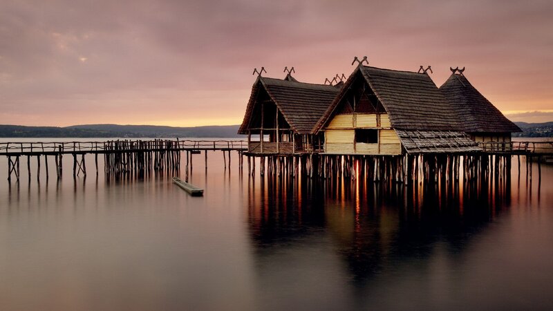 Stilt houses at sunset