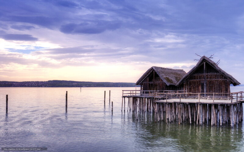 Stilt Houses on Lake — Blue, Serene, Sunset