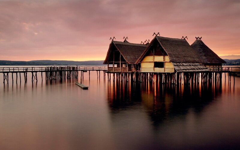 Stilt Houses on Lake — Pink, Serene