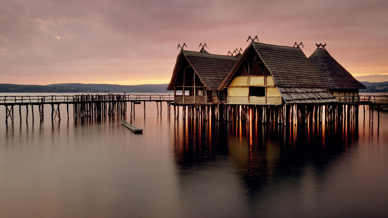 Stilt Houses on Lake — Purple