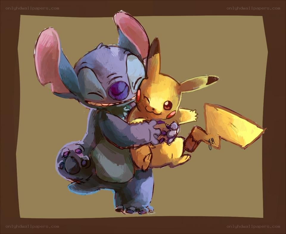 Stitch hugging Pikachu