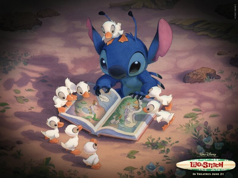 Stitch reading to ducklings