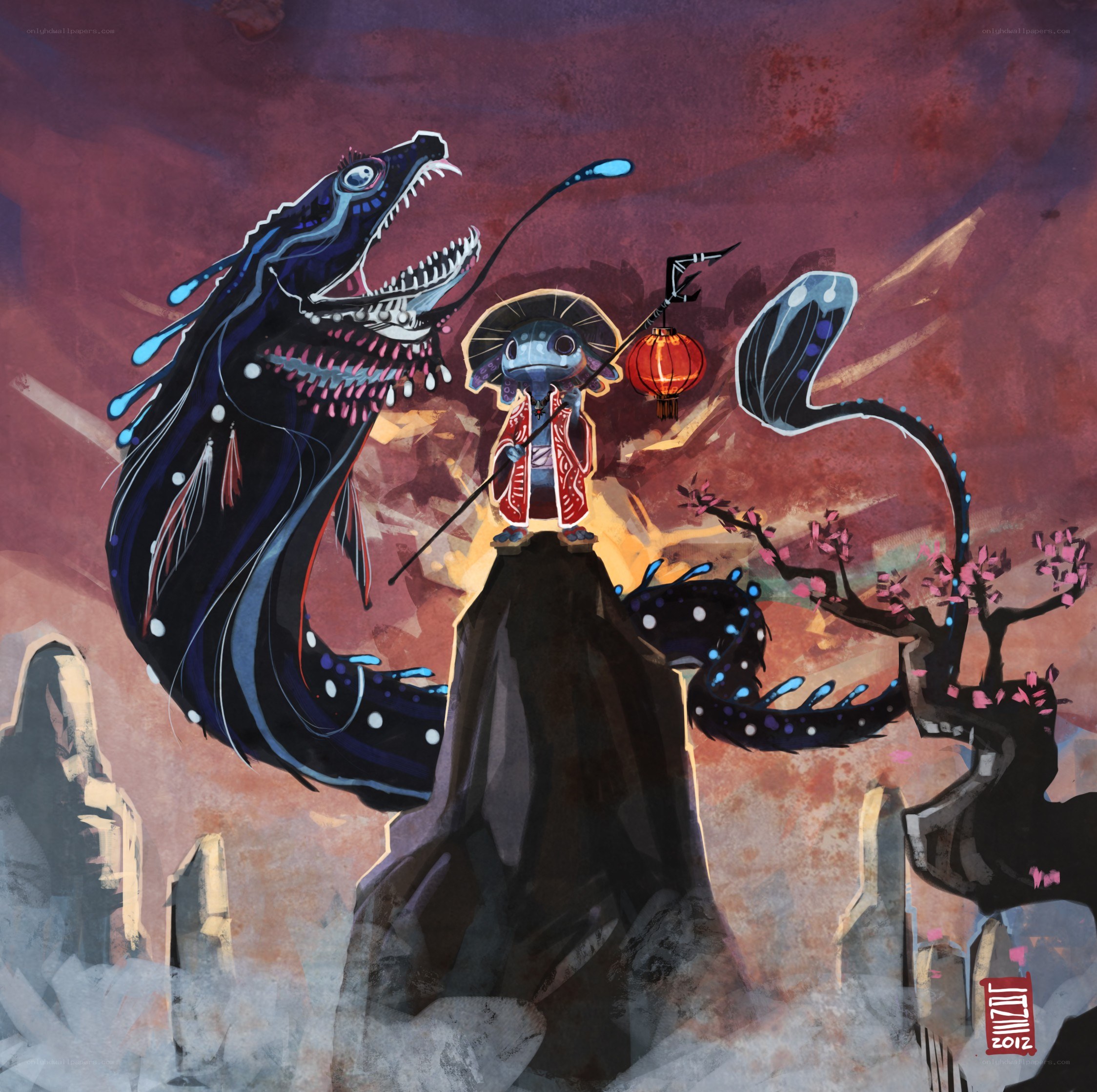 Stitch with a dragon on a cliff