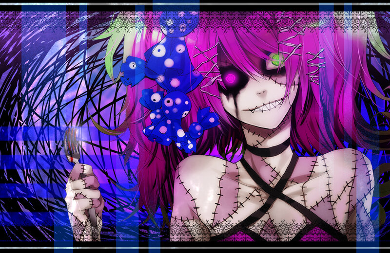 stitched doll girl with blue creatures