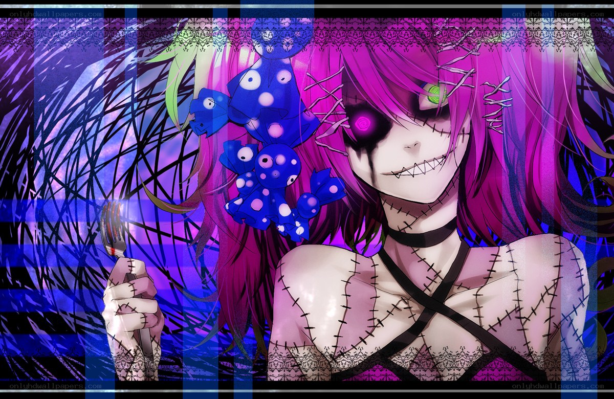 stitched doll girl with blue creatures