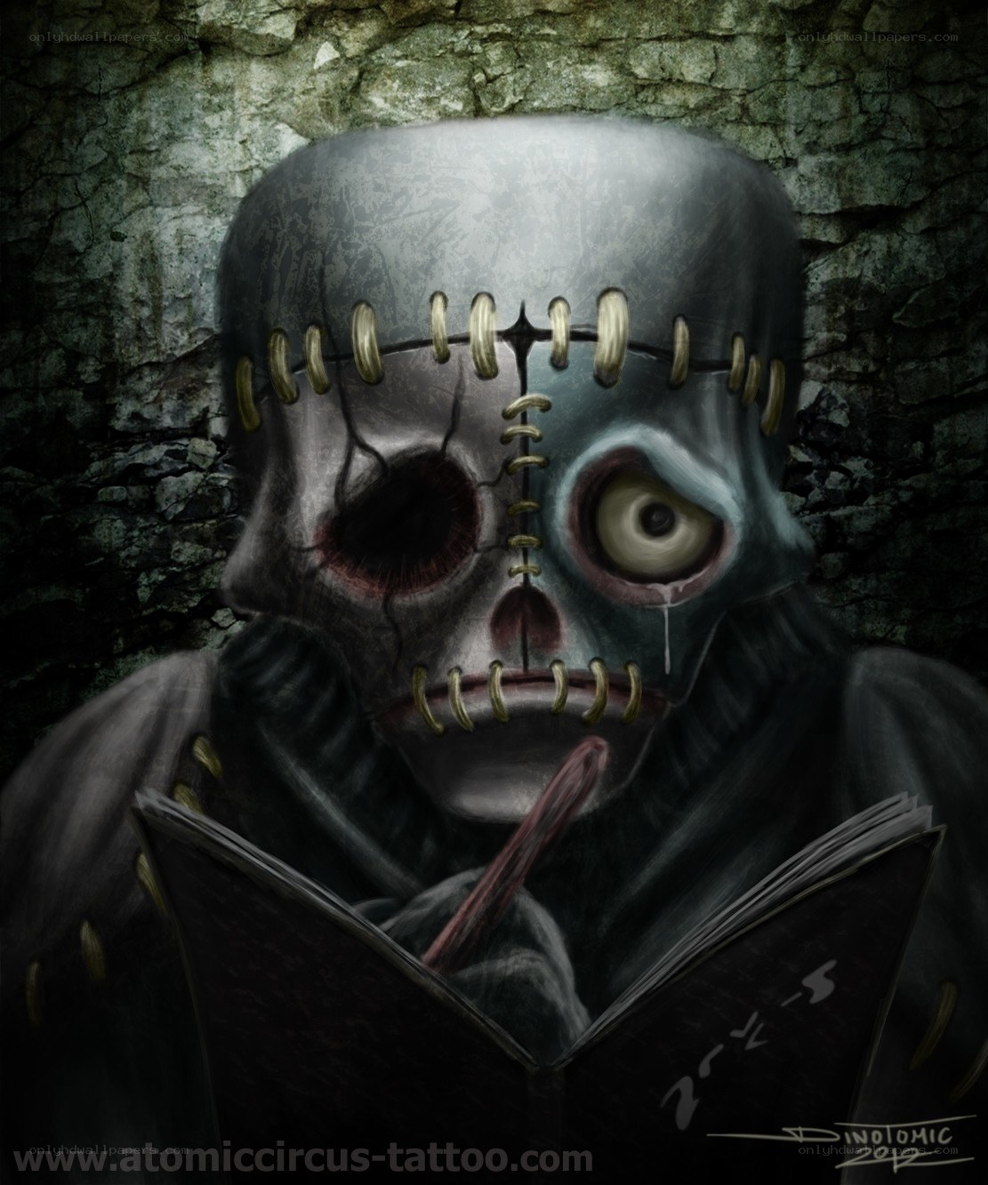 stitched skull reading book
