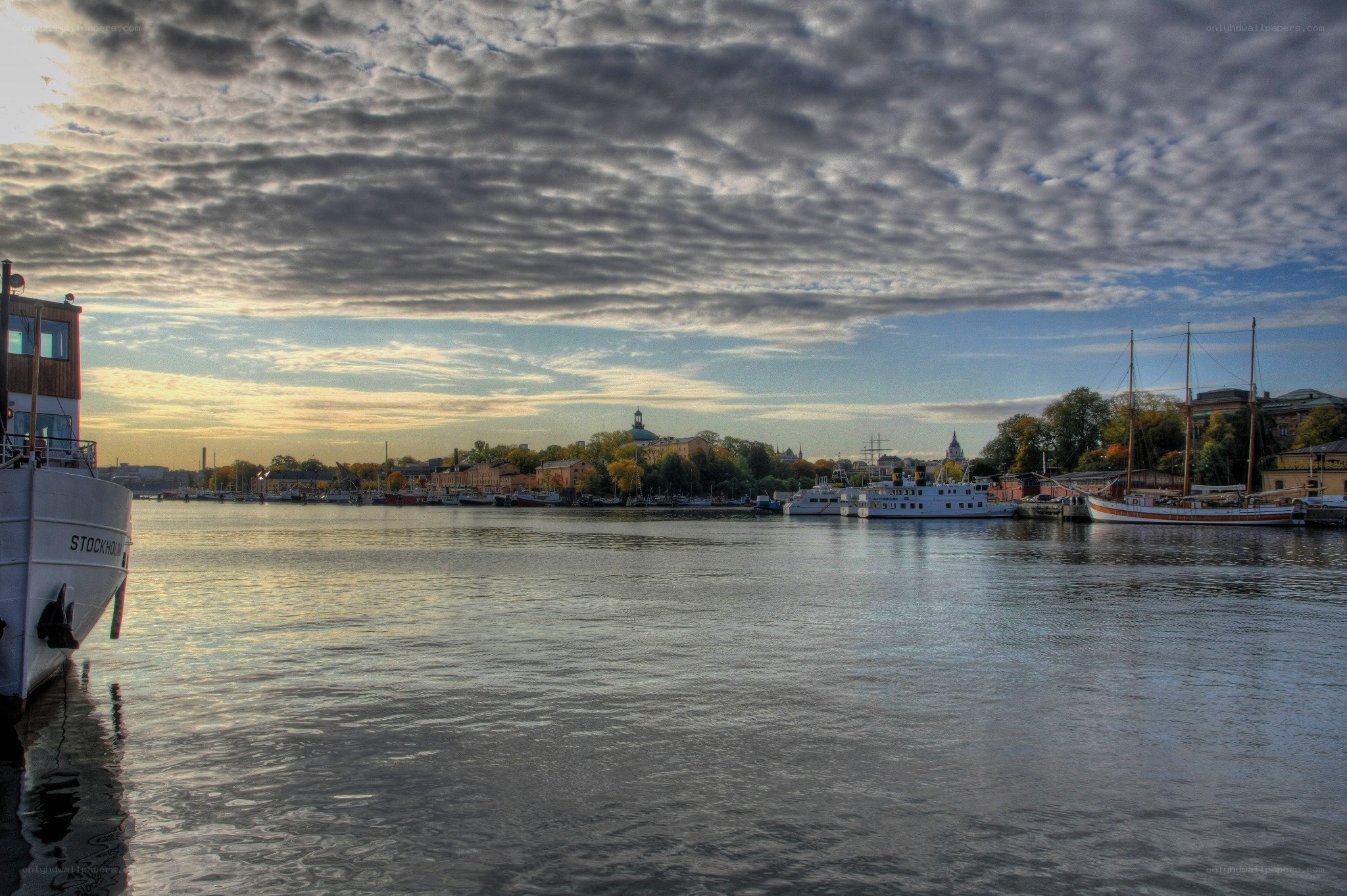 Stockholm harbor at dusk