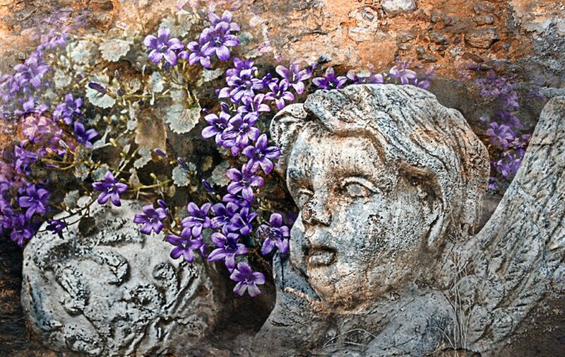 Stone Angel Head with Flowers
