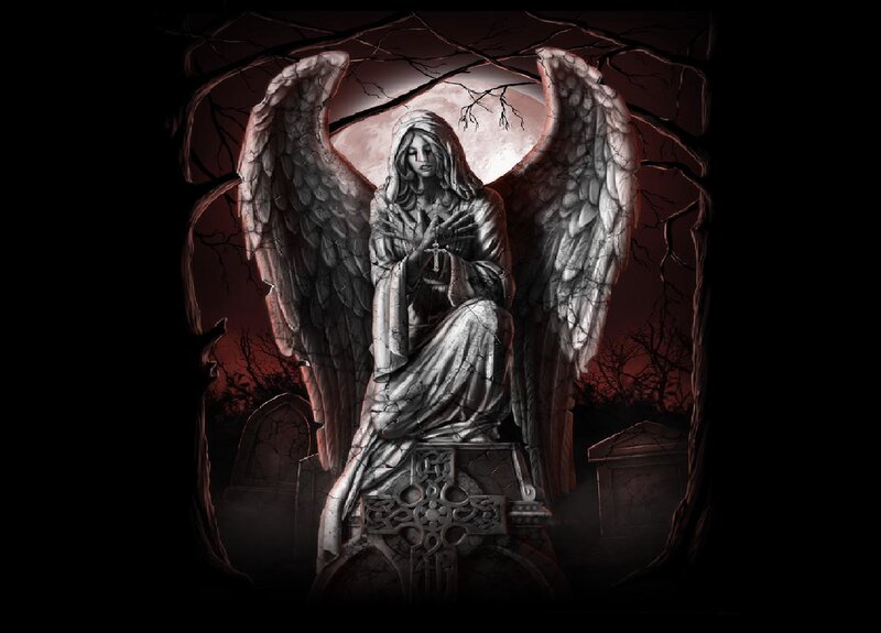 Stone Angel Statue — Black, Dark, Night