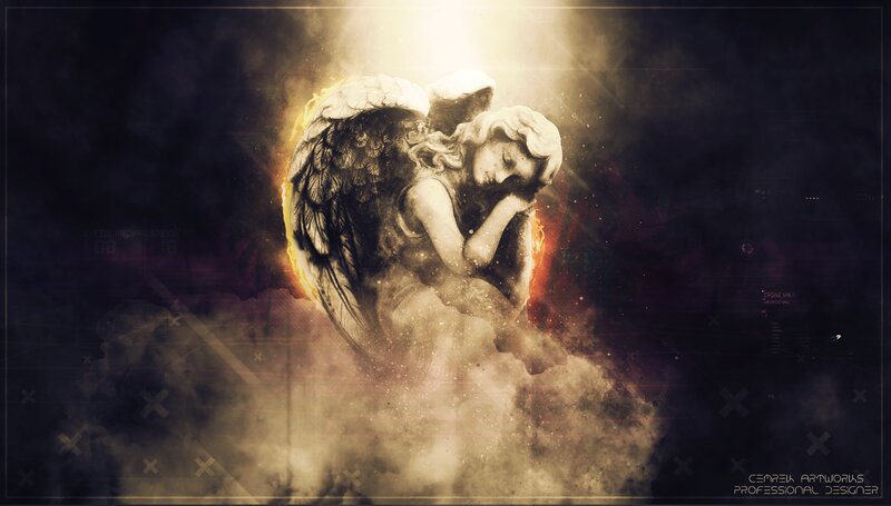 Stone Angel Statue — Black, Dramatic, Digital Art, Wings, Clouds