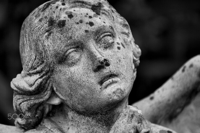 Stone Angel Statue — Black, Somber, Photograph, Face