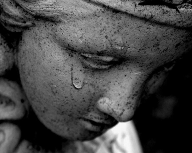 Stone Angel Statue — Black, Somber, Photograph, Tear