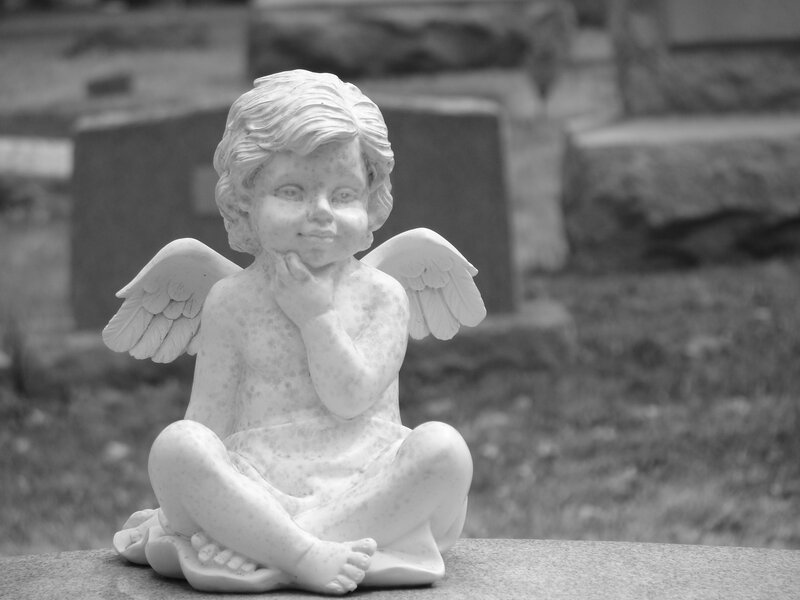 Stone Angel Statue — Black, Somber, Photograph, Wings, Gravestone