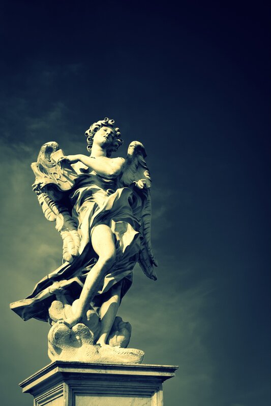 Stone Angel Statue — Blue, Dramatic, Photograph, Clouds