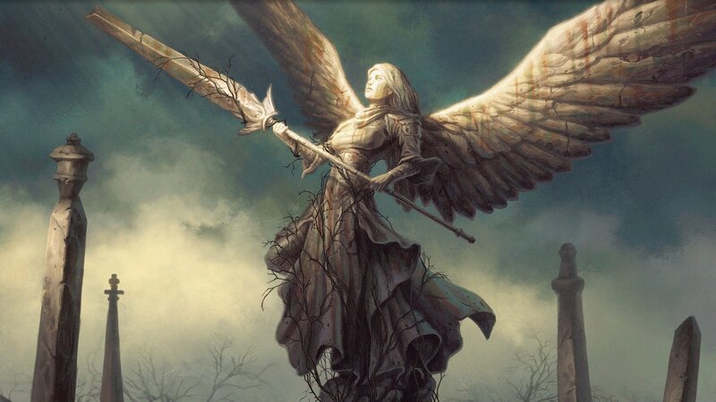 Stone Angel Statue — Gray, Dramatic, Night, Digital Art, Wings, Spear