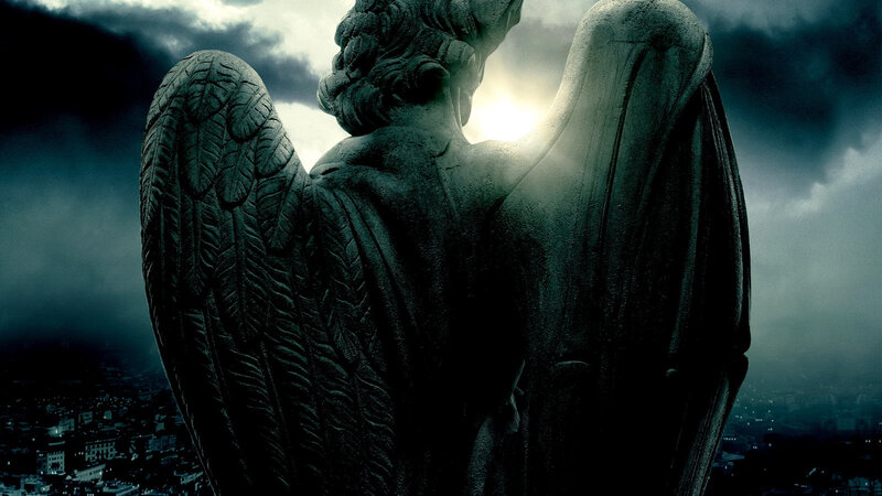 Stone Angel Statue — Gray, Dramatic, Night, Photograph