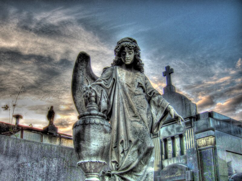 Stone Angel Statue — Gray, Dramatic, Sunset