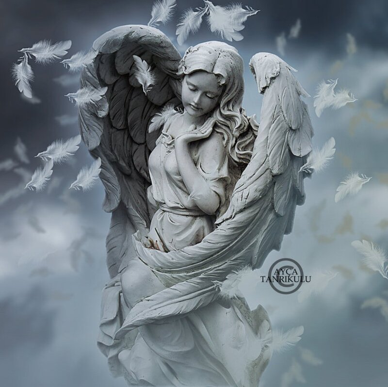 Stone Angel Statue — Gray, Somber, Digital Art
