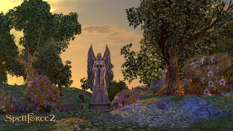 Stone Angel Statue — Green, Serene, Sunset