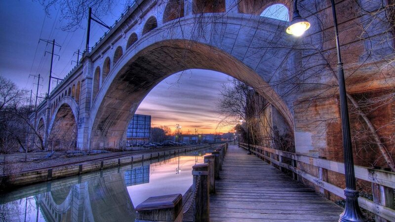 Stone Arch Bridge — Blue, Dramatic, Sunset, Photograph, Canal
