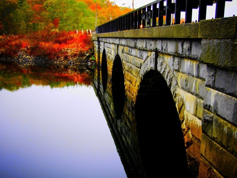 Stone Arch Bridge — Blue, Serene, Autumn, Photograph, River