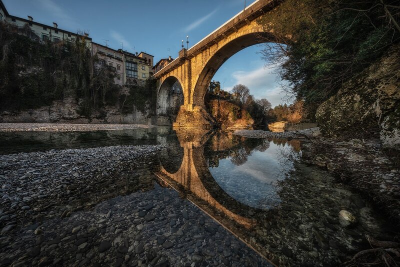 Stone Arch Bridge — Blue, Serene, Sunset, Photograph, River, Buildings