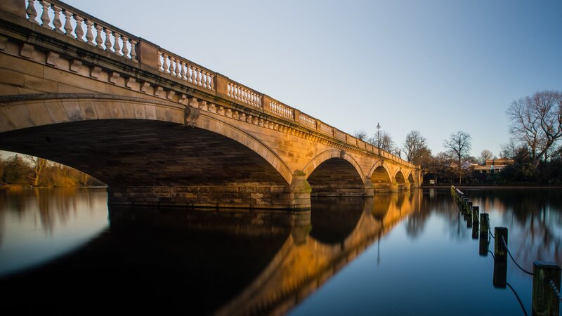 Stone Arch Bridge — Blue, Serene, Sunset, Photograph, River