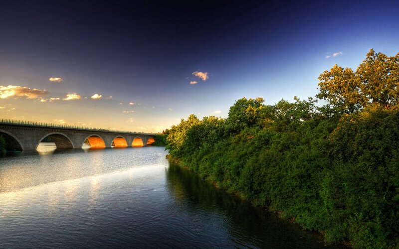 Stone Arch Bridge — Blue, Serene, Sunset, Photograph, River, Trees