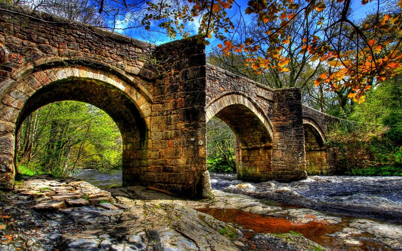 Stone Arch Bridge — Brown, Serene, Autumn, Photograph, River