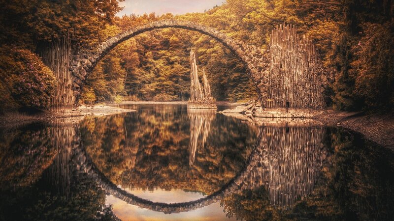 Stone Arch Bridge — Brown, Serene, Autumn, Photograph, River, Trees, Reflection