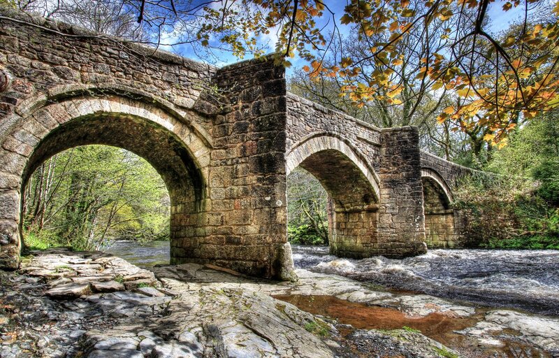 Stone Arch Bridge — Brown, Serene, Autumn, Photograph, River, Trees