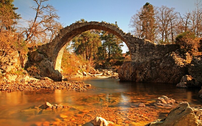 Stone Arch Bridge — Brown, Serene, Autumn, Photograph